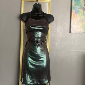 Metallic Greenish Blue Dress with Kriss Kross Back